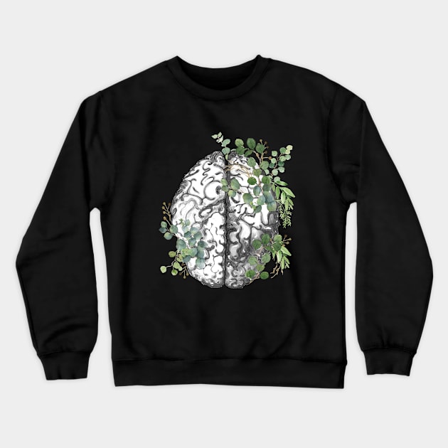 Brain human anatomy,Floral, eucalyptus leaves, mental, watercolor Crewneck Sweatshirt by Collagedream